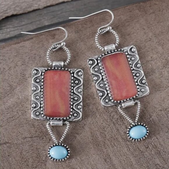 NEW Sharlene Southwestern Silver Plated Turquoise Drop Earrings - Picture 2 of 4